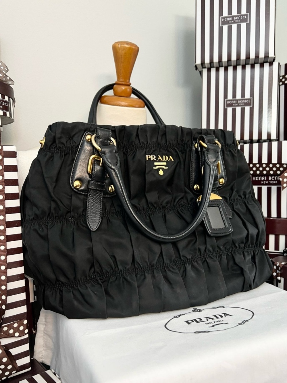 Prada⭐️Black Nylon Ruched Tote with Gold Hardware